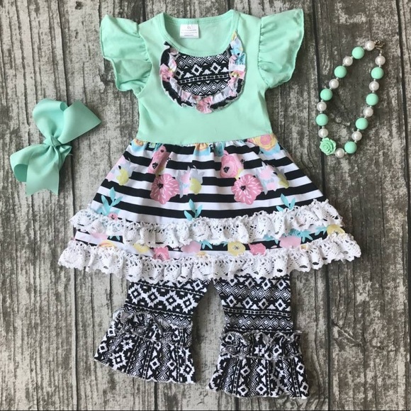 Other - Aqua Floral on Stripes Aztec w/ Crochet Lace Trim